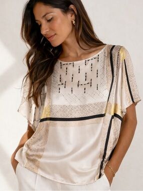 Munthe Silk Geometric Pattern Blouse Cream 38 Medium